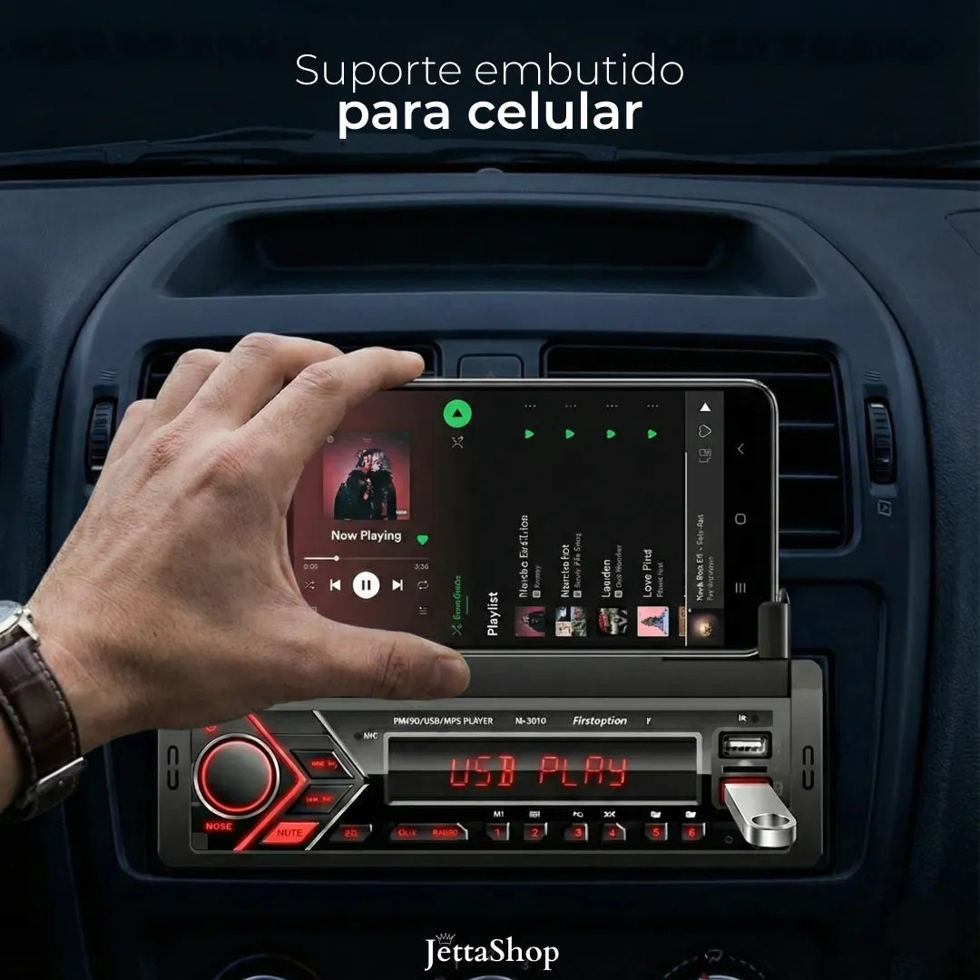 JettaPlay™ — Rádio Automotivo Bluetooth com MP3 e Suporte para Celular [ESTOQUE LIMITADO]