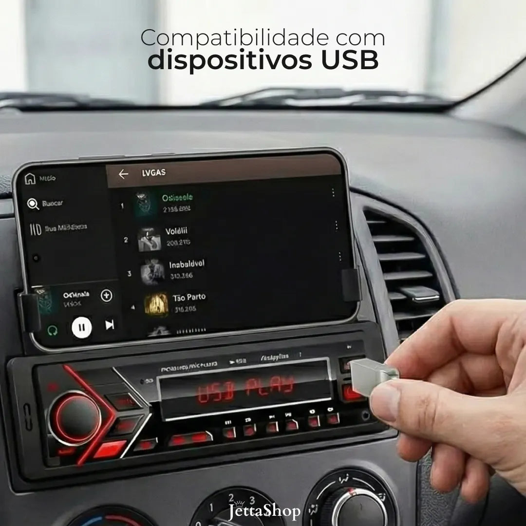 JettaPlay™ — Rádio Automotivo Bluetooth com MP3 e Suporte para Celular [ESTOQUE LIMITADO]