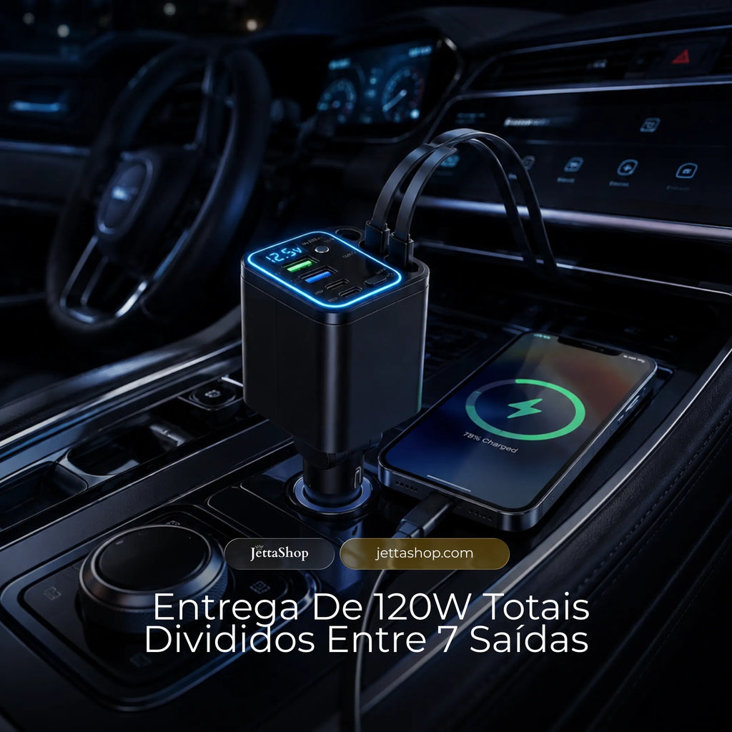 Jetta PowerHub™ - Carregador Veicular 7 em 1 com Cabos Retráteis e Display de Voltagem [LANÇAMENTO 2026]