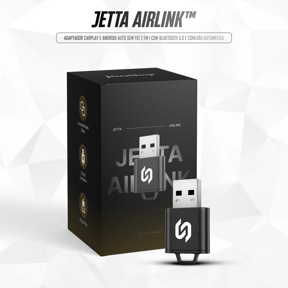 Jetta AirLink™ - Adaptador CarPlay e Android Auto Sem Fio 2 em 1 com Bluetooth 5.0 e Conexão Automática [PROMOÇÃO LIMITADA]