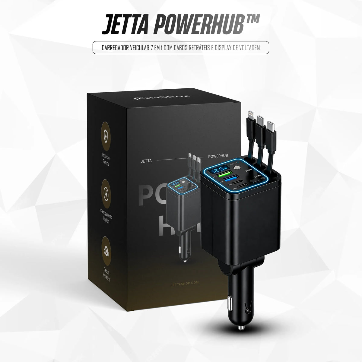Jetta PowerHub™ - Carregador Veicular 7 em 1 com Cabos Retráteis e Display de Voltagem [LANÇAMENTO 2026]