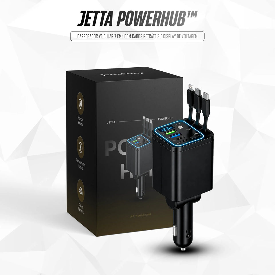Jetta PowerHub™ - Carregador Veicular 7 em 1 com Cabos Retráteis e Display de Voltagem [LANÇAMENTO 2026]